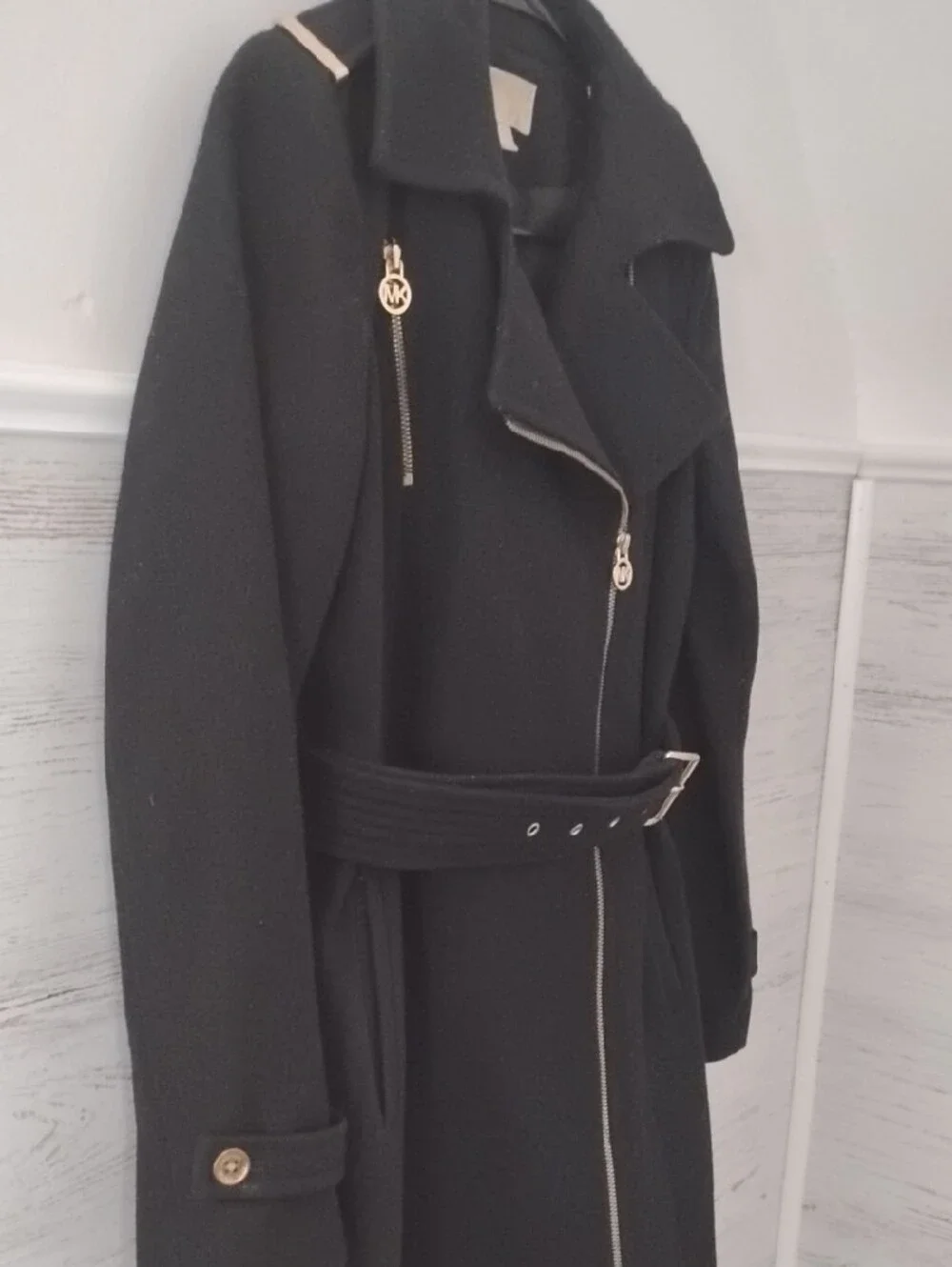 Michael Kors Black Asymmetric Zip Trench Coat with Gold Hardware Size 2P